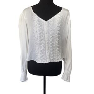 Wrangler Retro Womens White Cropped Blouse Size XL Boho Cottagecore Western
